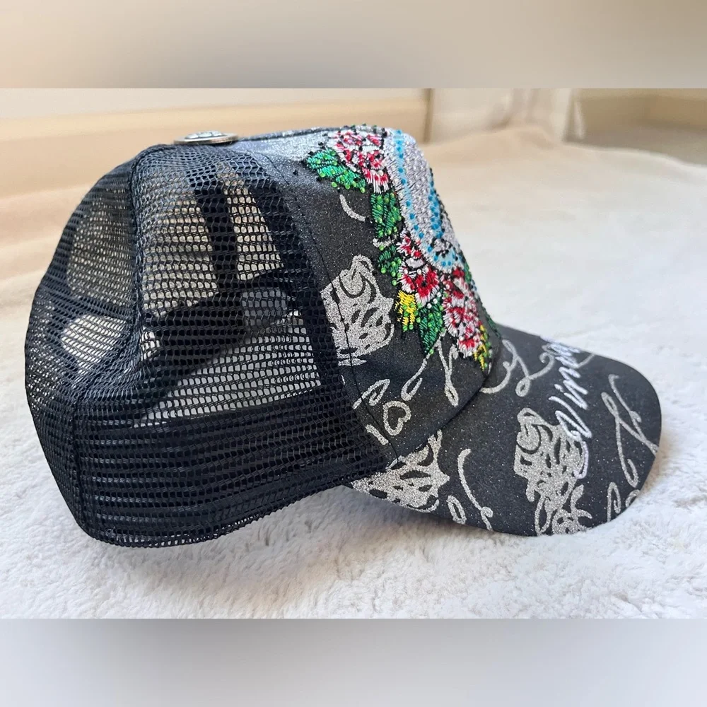 Vintage Skull, Flowers, and Rhinestone Trucker Hat
